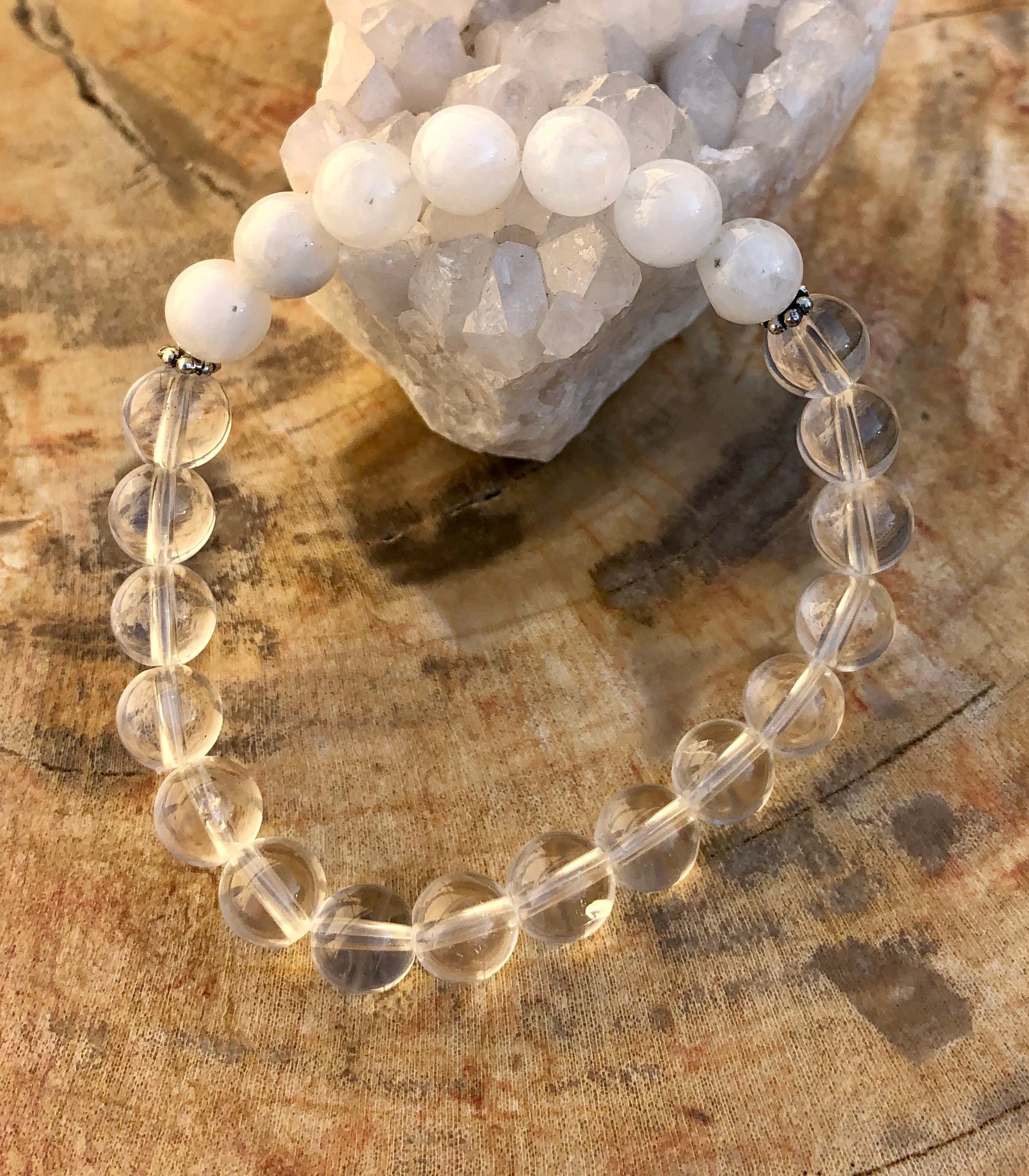 Rainbow Moonstone & Crystal Quartz Stretch Bracelet! Genuine Crystals! - MeJ-design