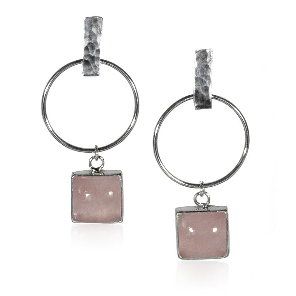 Hammered Geometric Hoop and Rose Charm Sterling Silver Earrings - MeJ-design